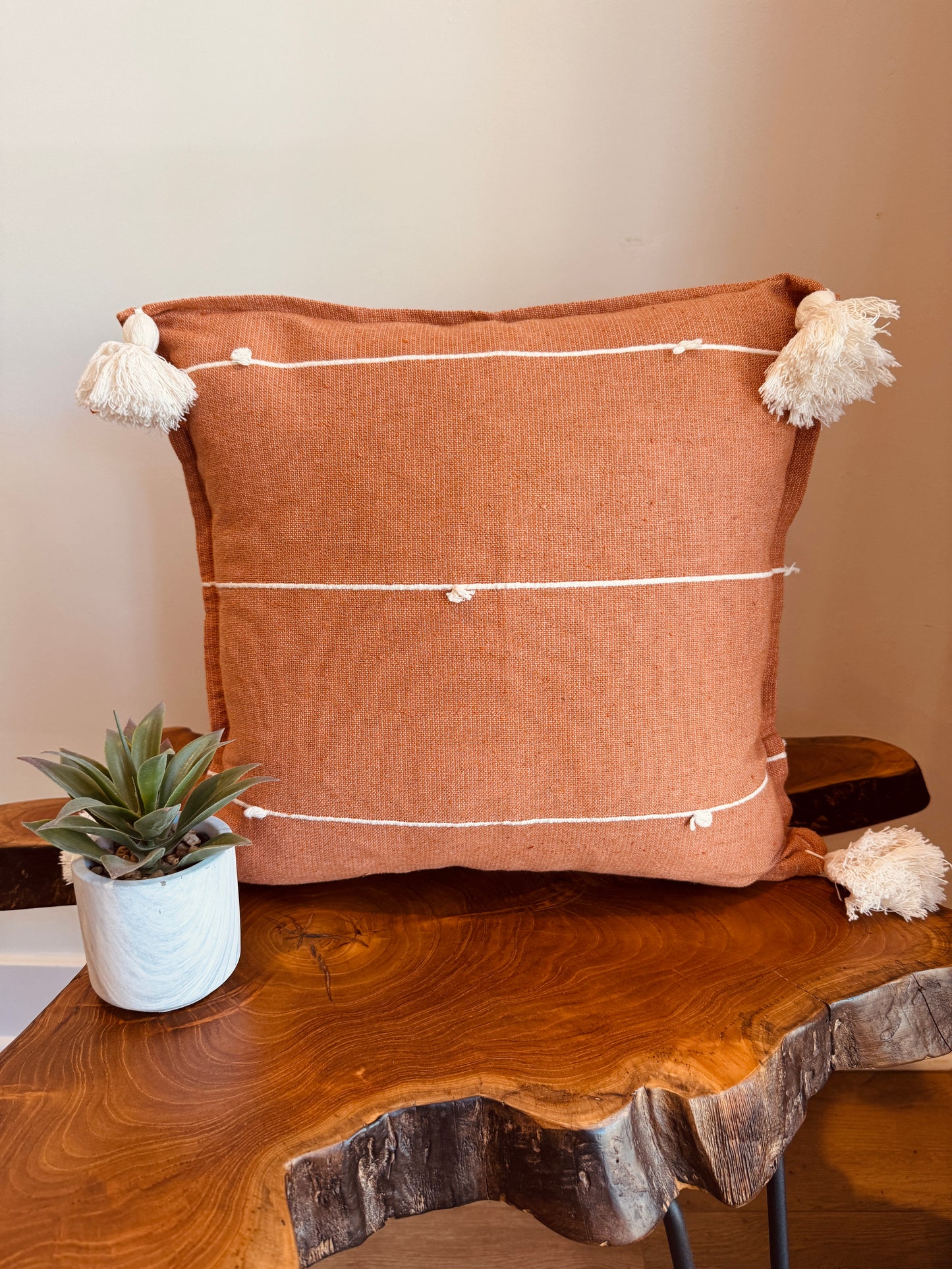 Handwoven Mexican Pillow Cover with Tassels | Terracotta, Ivory