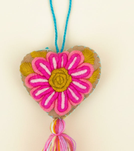 Heart Embroidered Pompom / Tan Confetti