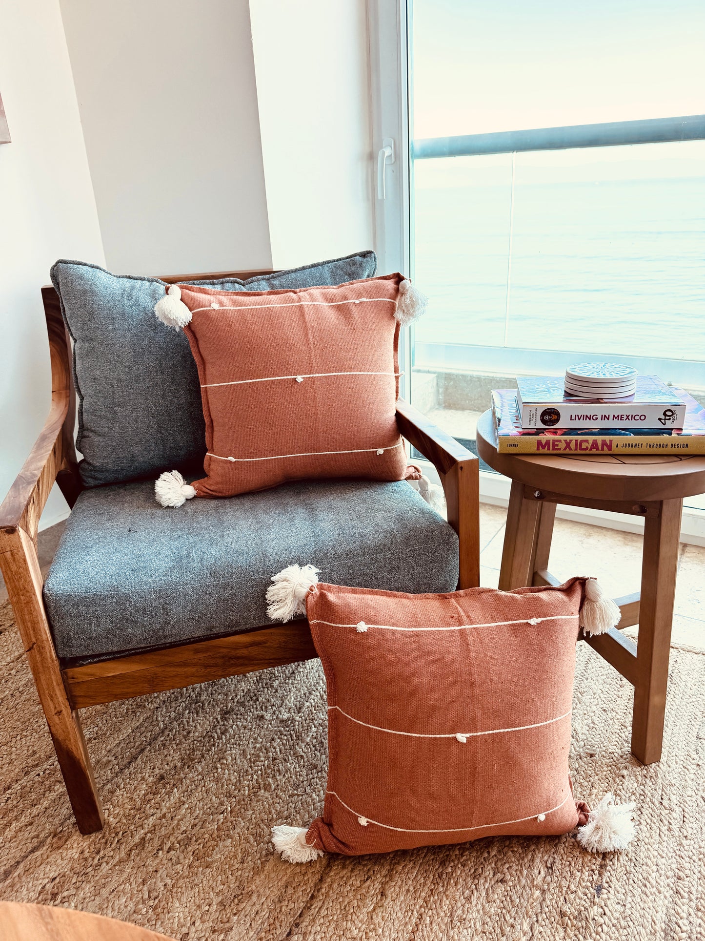 Handwoven Mexican Pillow Cover with Tassels | Terracotta, Ivory