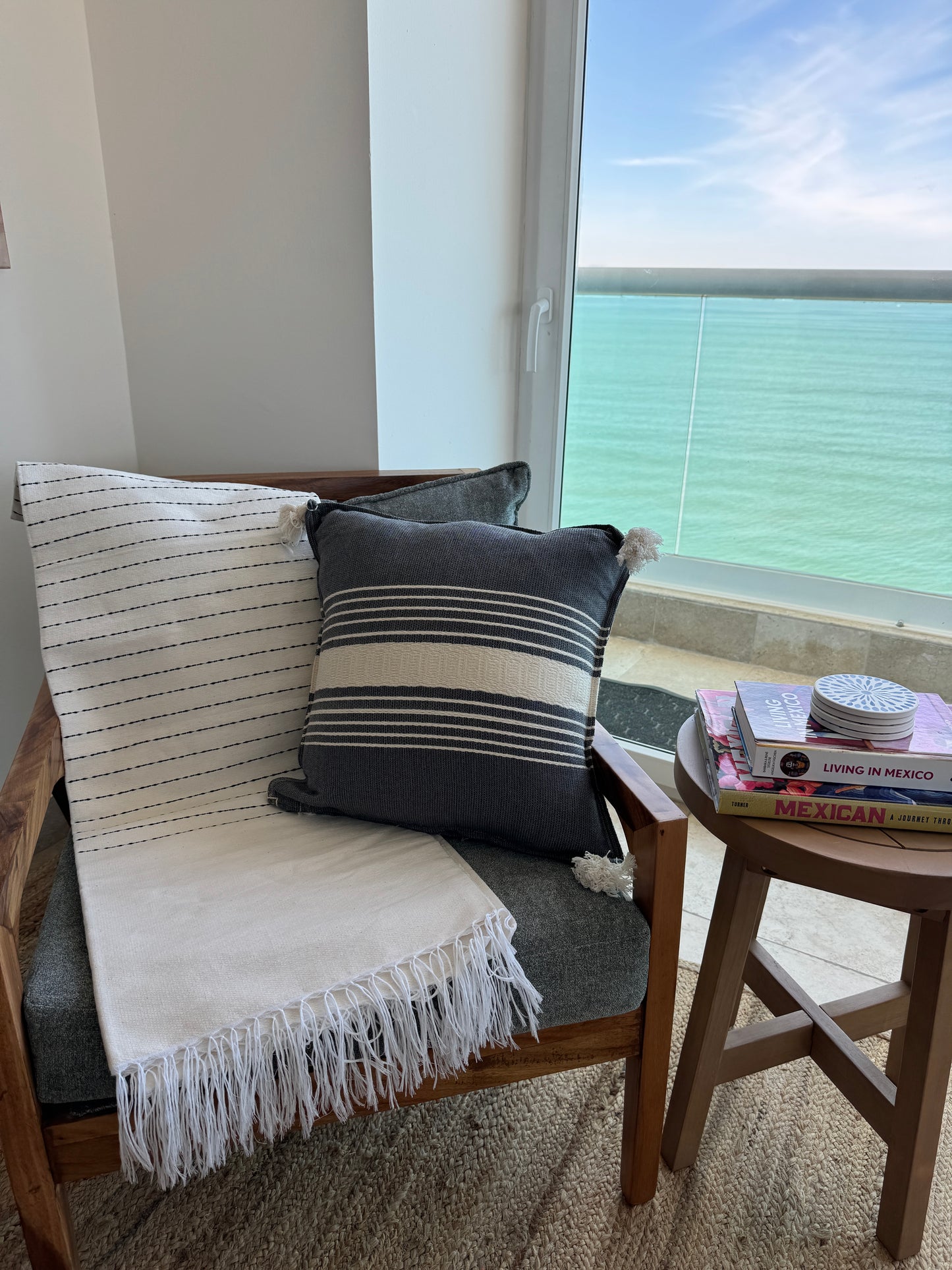 Maria Handwoven Mexican Throw Blanket | White/Black Stitching