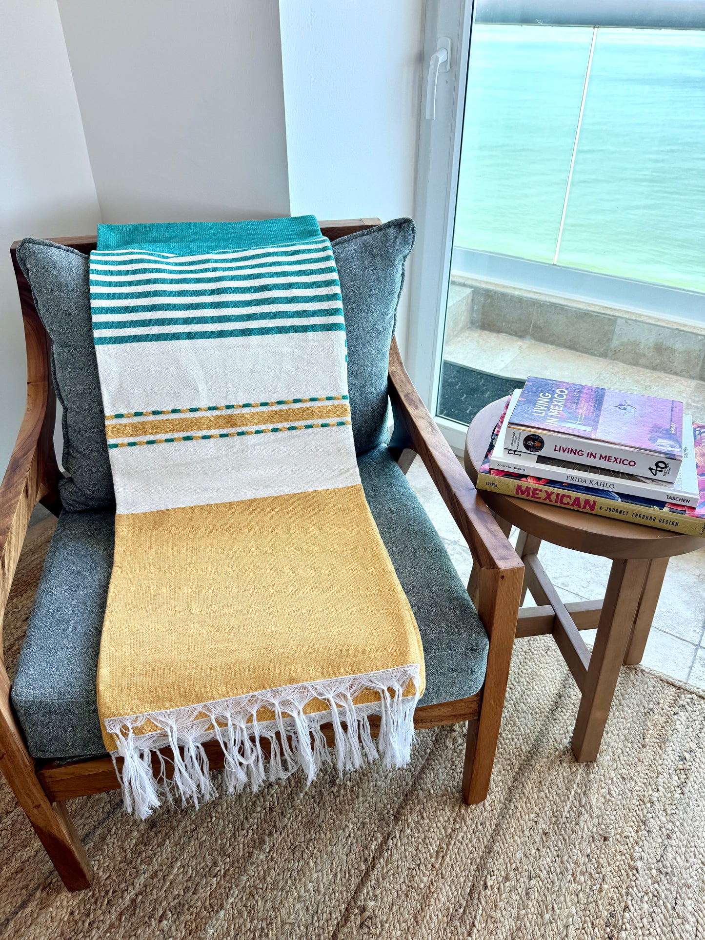 Handwoven Mexican Throw Blanket | Pale Yellow/Teal