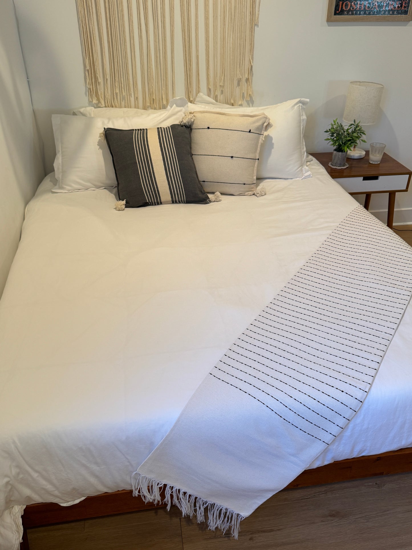 Maria Handwoven Mexican Throw Blanket | White/Black Stitching