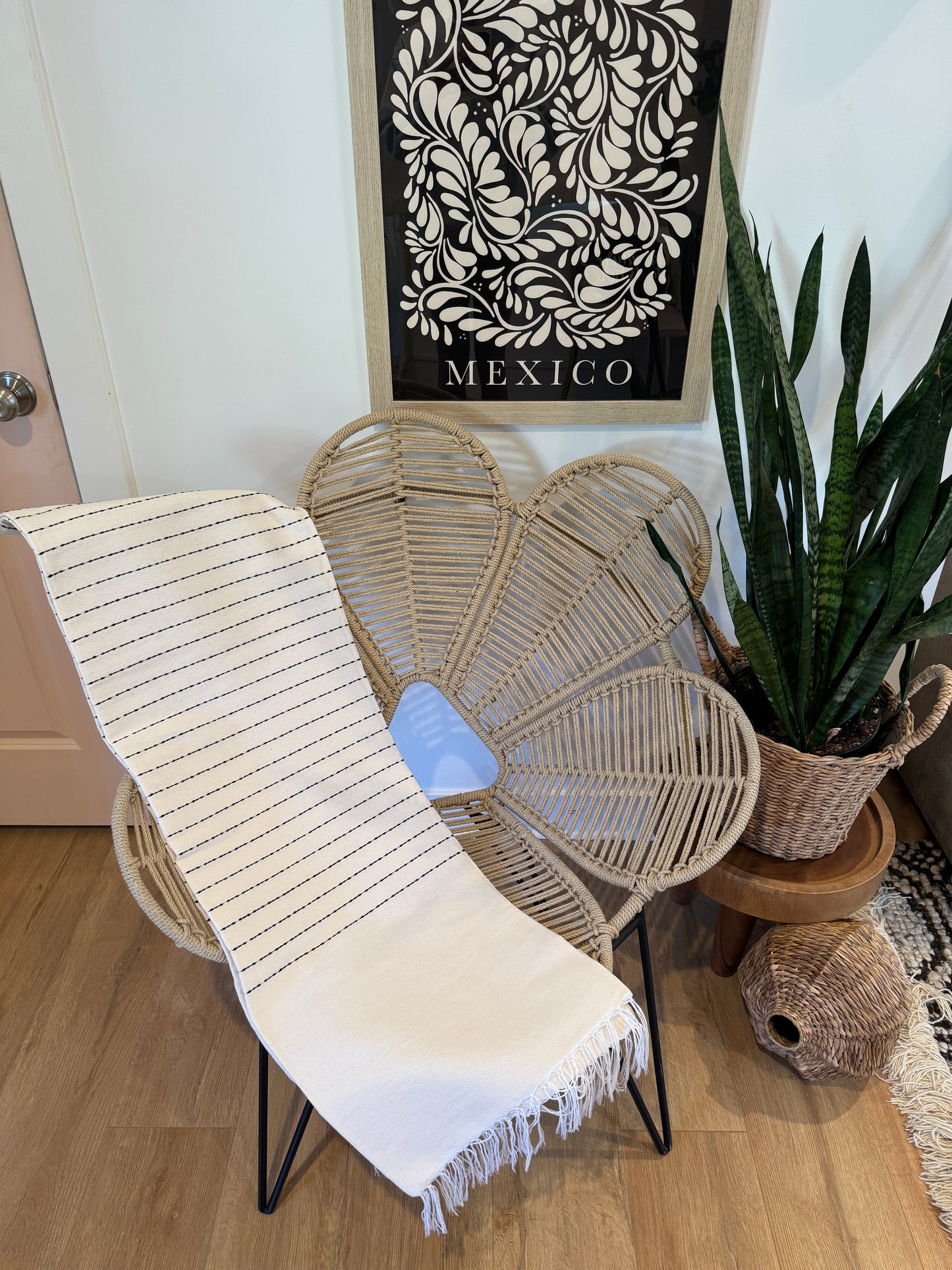 Handwoven Mexican Throw Blanket | White/Black Stitching