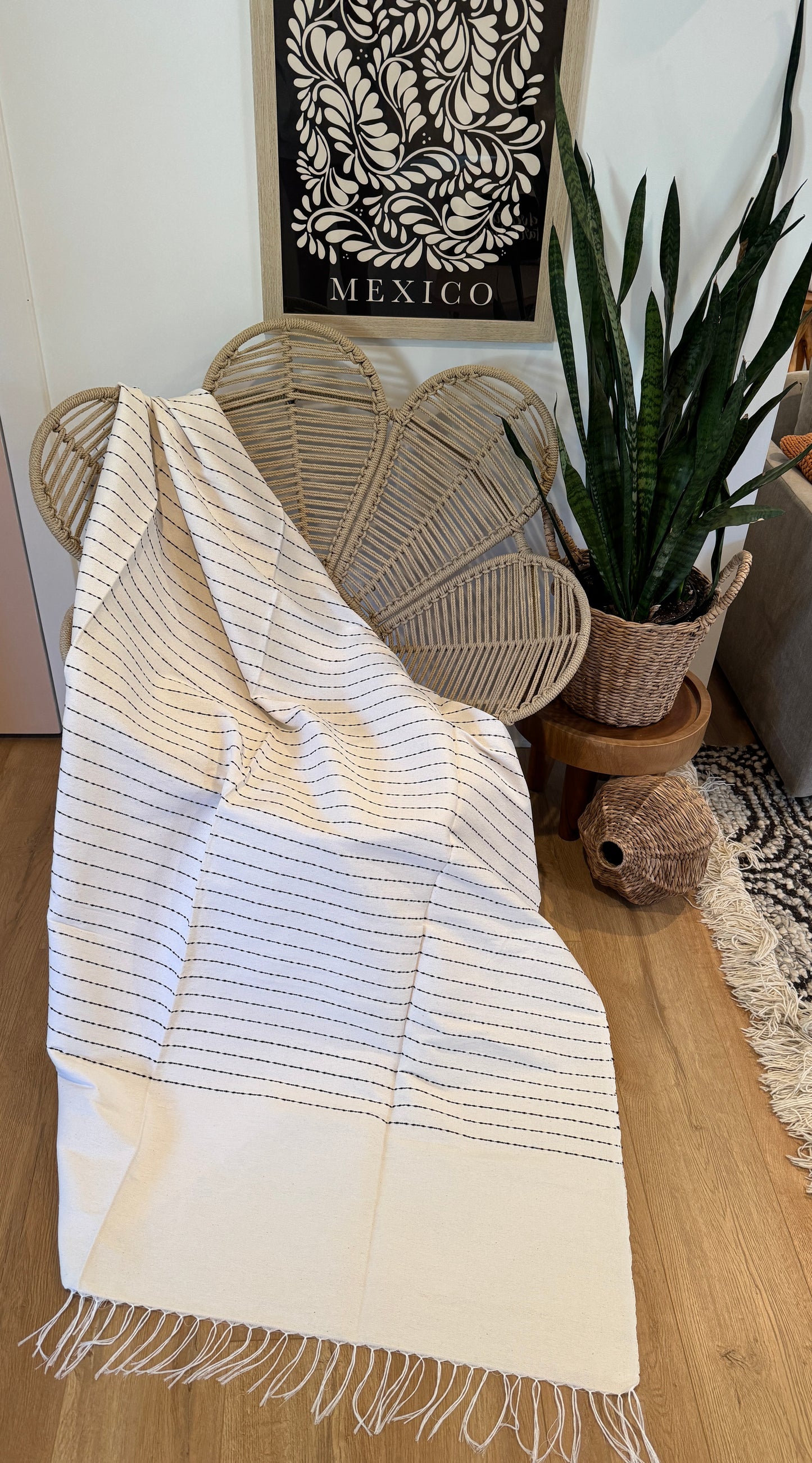 Maria Handwoven Mexican Throw Blanket | White/Black Stitching