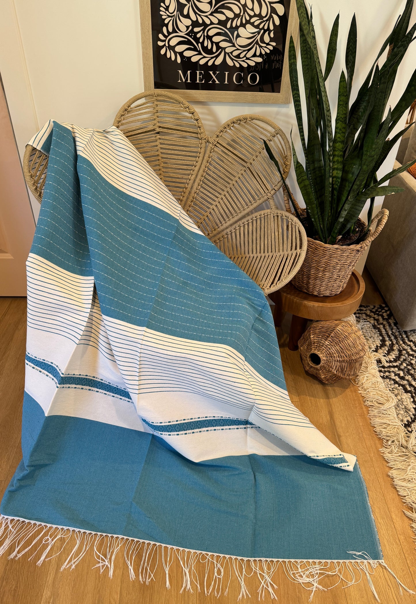 Handwoven Mexican Throw Blanket | Ocean Blue