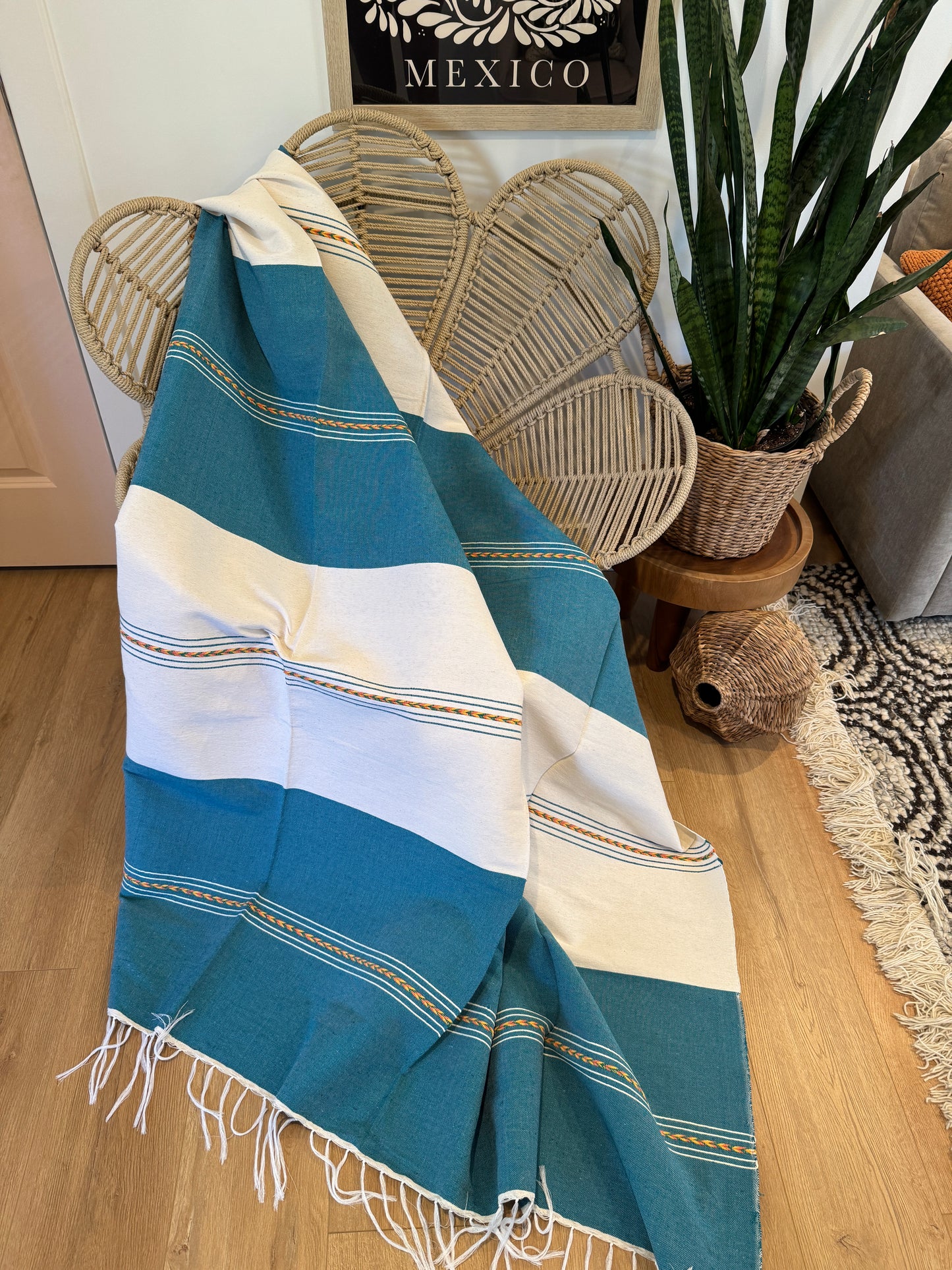 Alondra Handwoven Mexican Throw Blanket | Teal