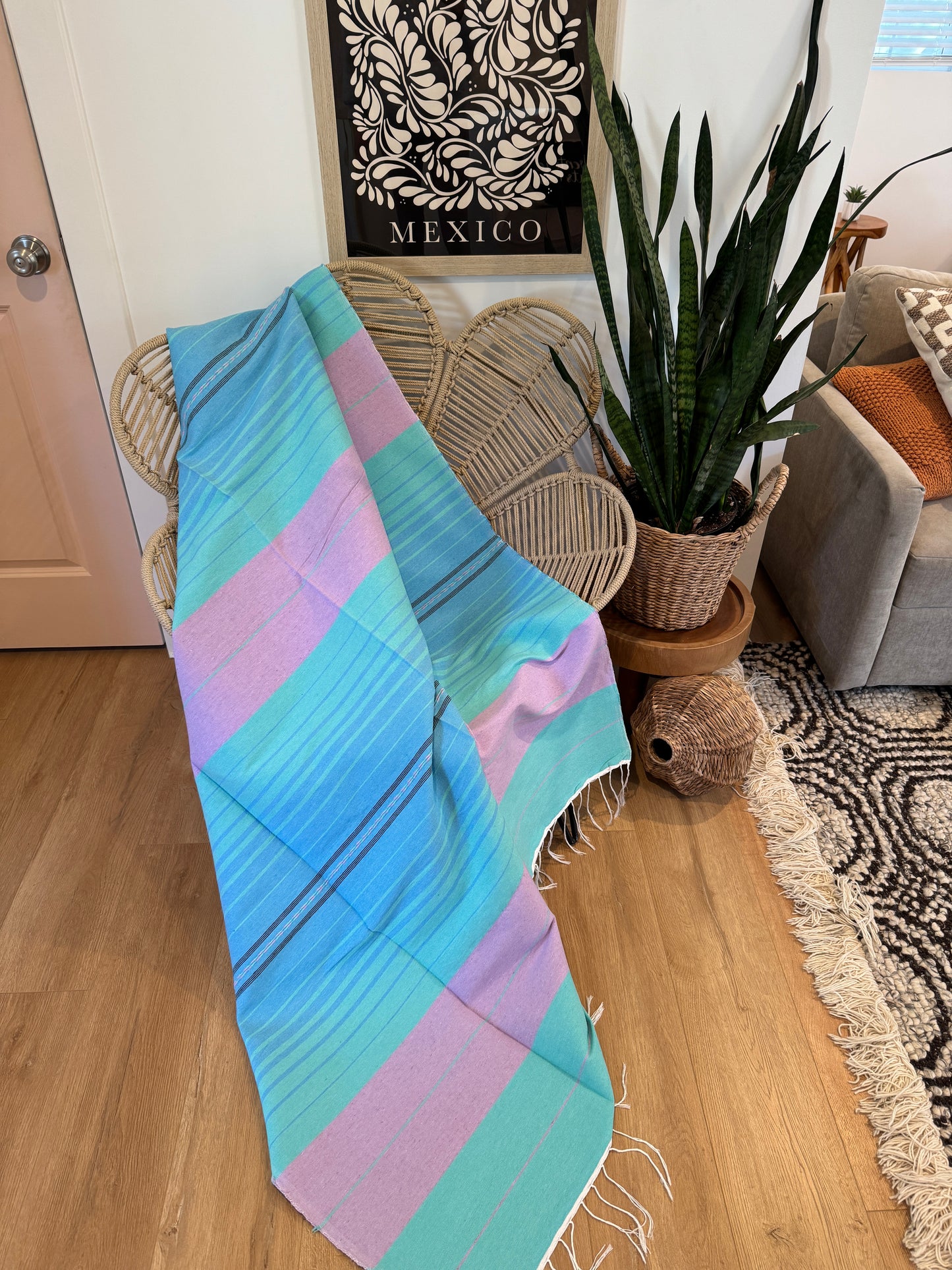 Handwoven Mexican Throw Blanket | Teal/Lilac