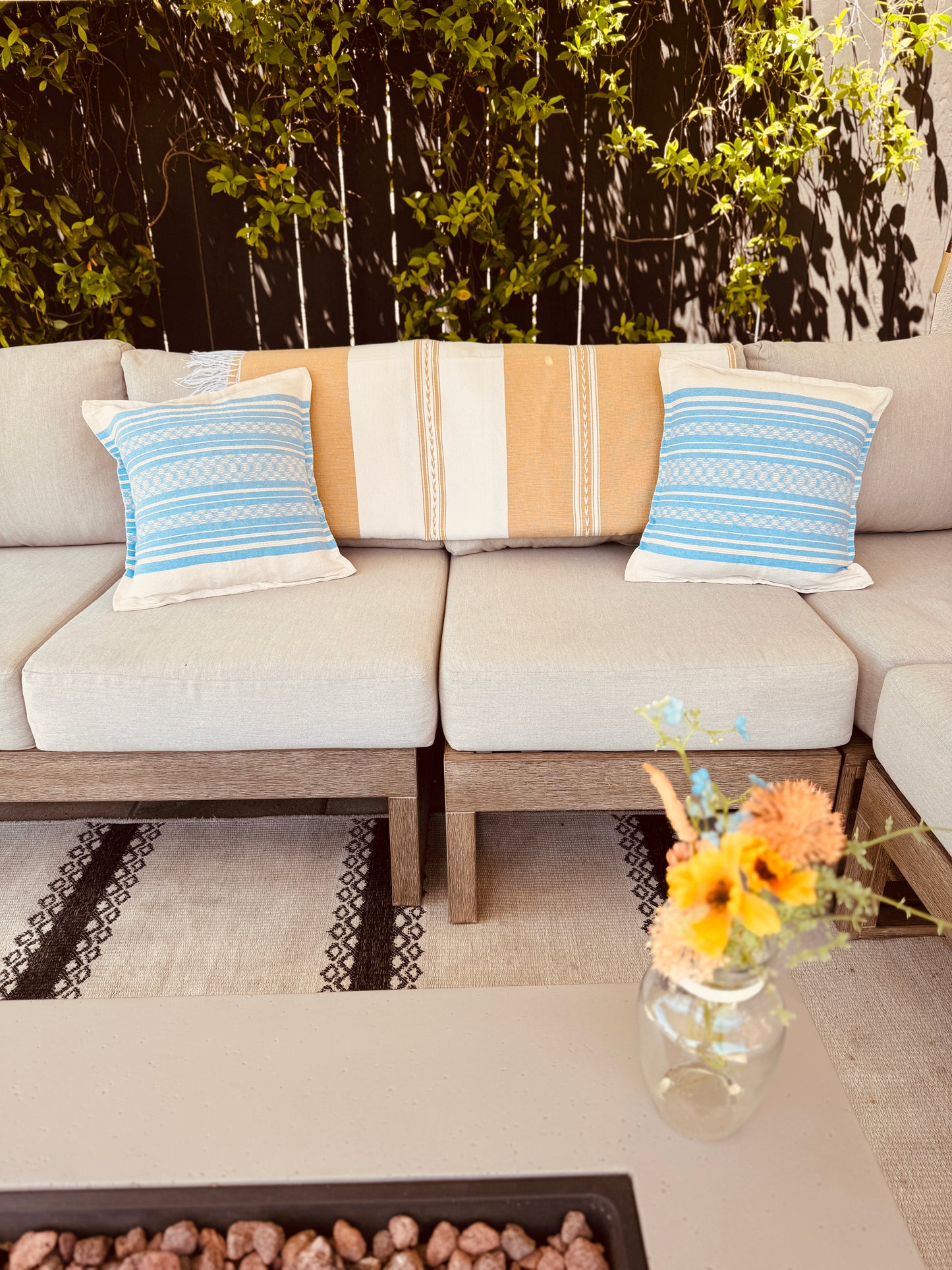 Handwoven Mexican Pillow Cover | Ivory, Baby Blue