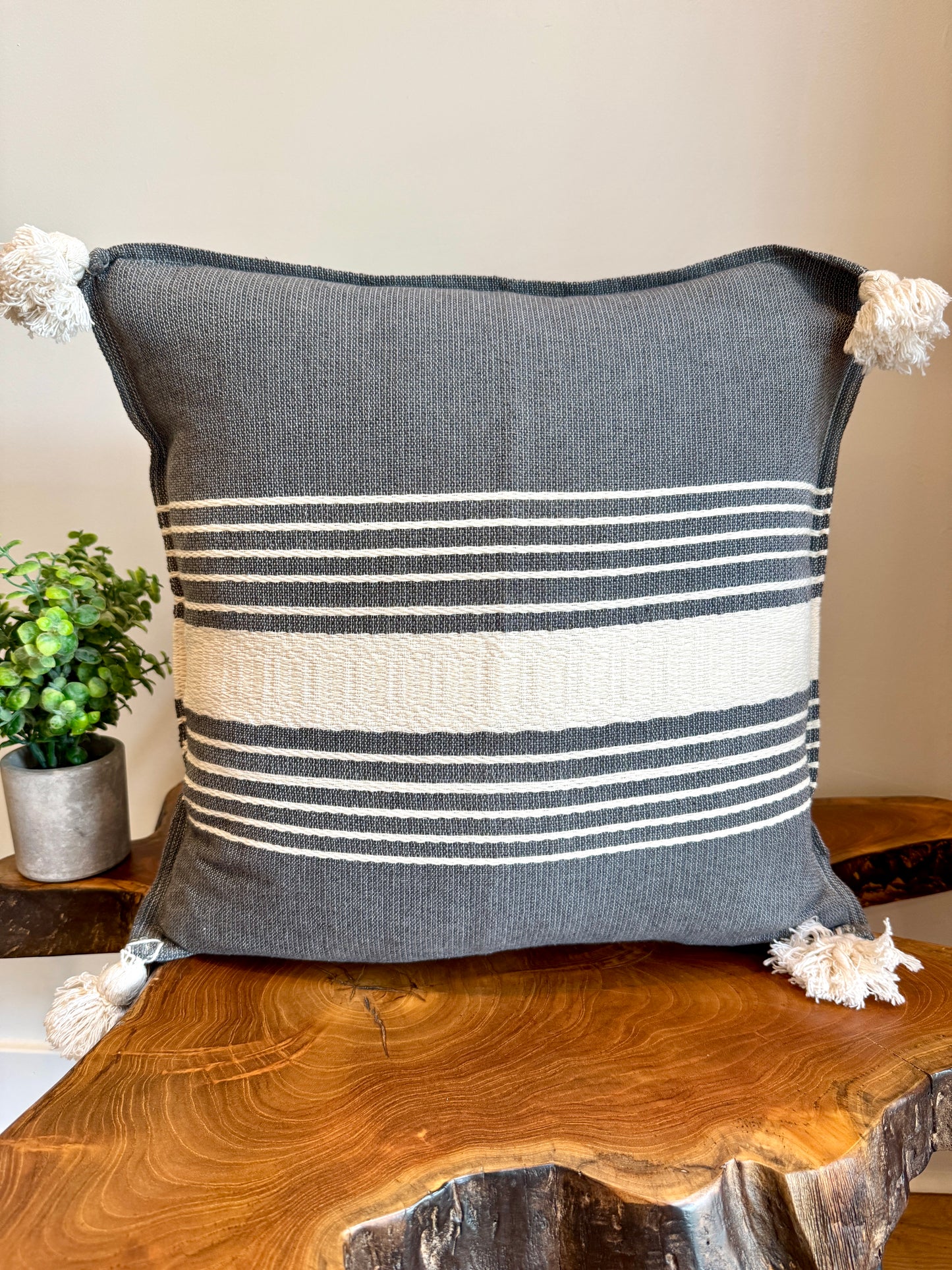 Handwoven Mexican Pillow Cover with Tassels | Grey, Ivory