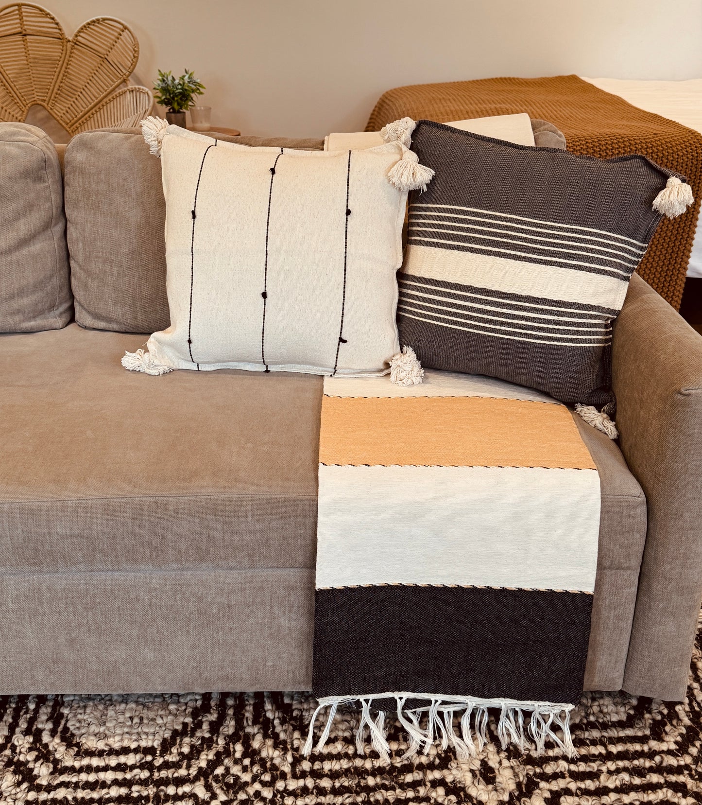 Handwoven Mexican Pillow Cover with Tassels | Grey, Ivory