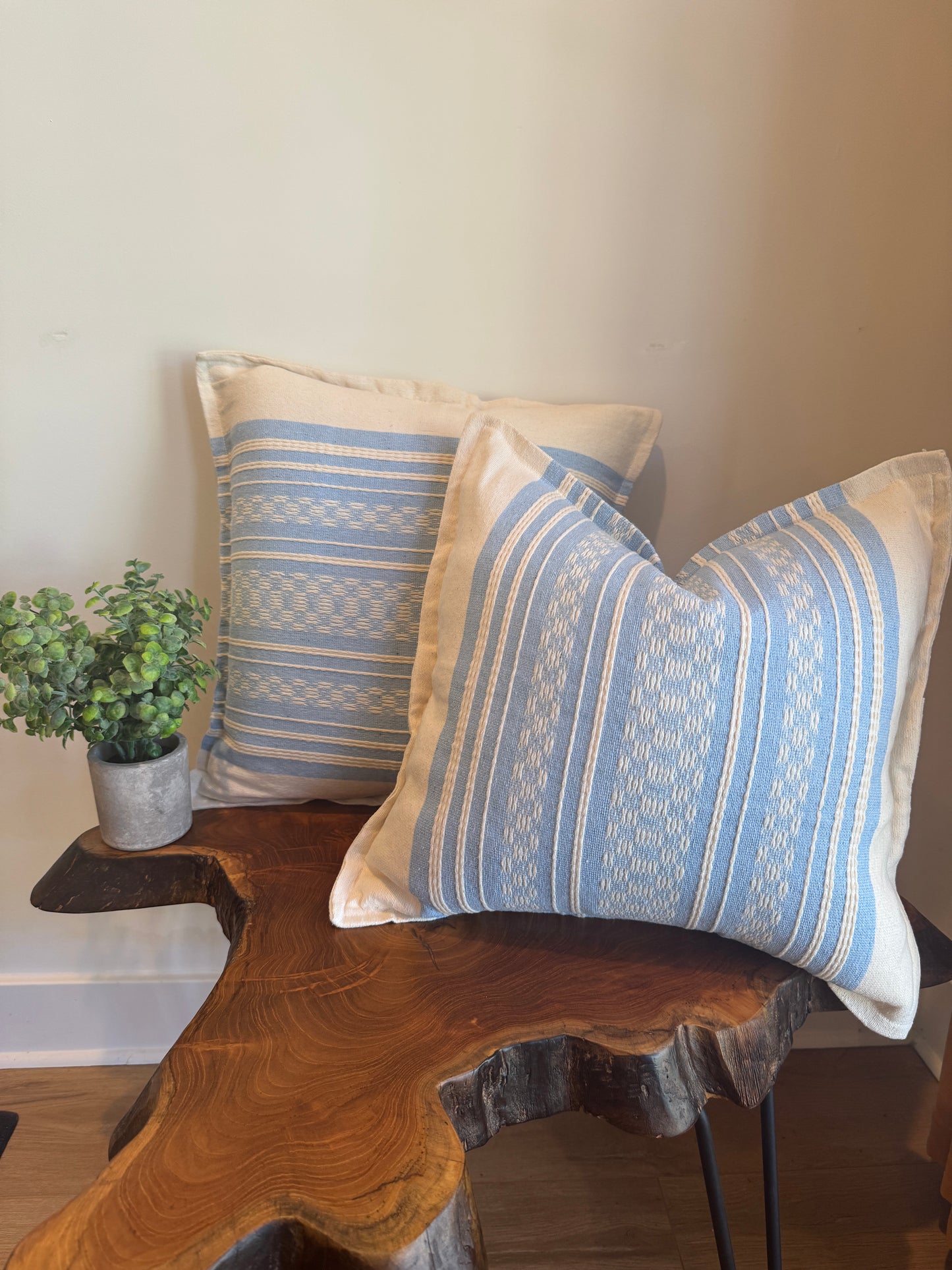 Handwoven Mexican Pillow Cover | Ivory, Baby Blue