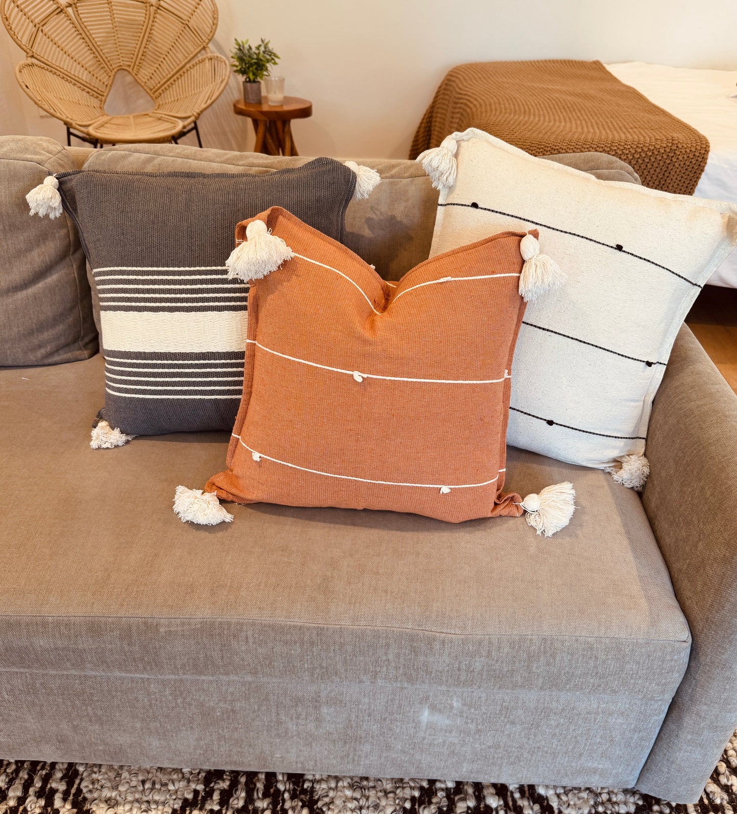 Handwoven Mexican Pillow Cover with Tassels | Ivory, Black