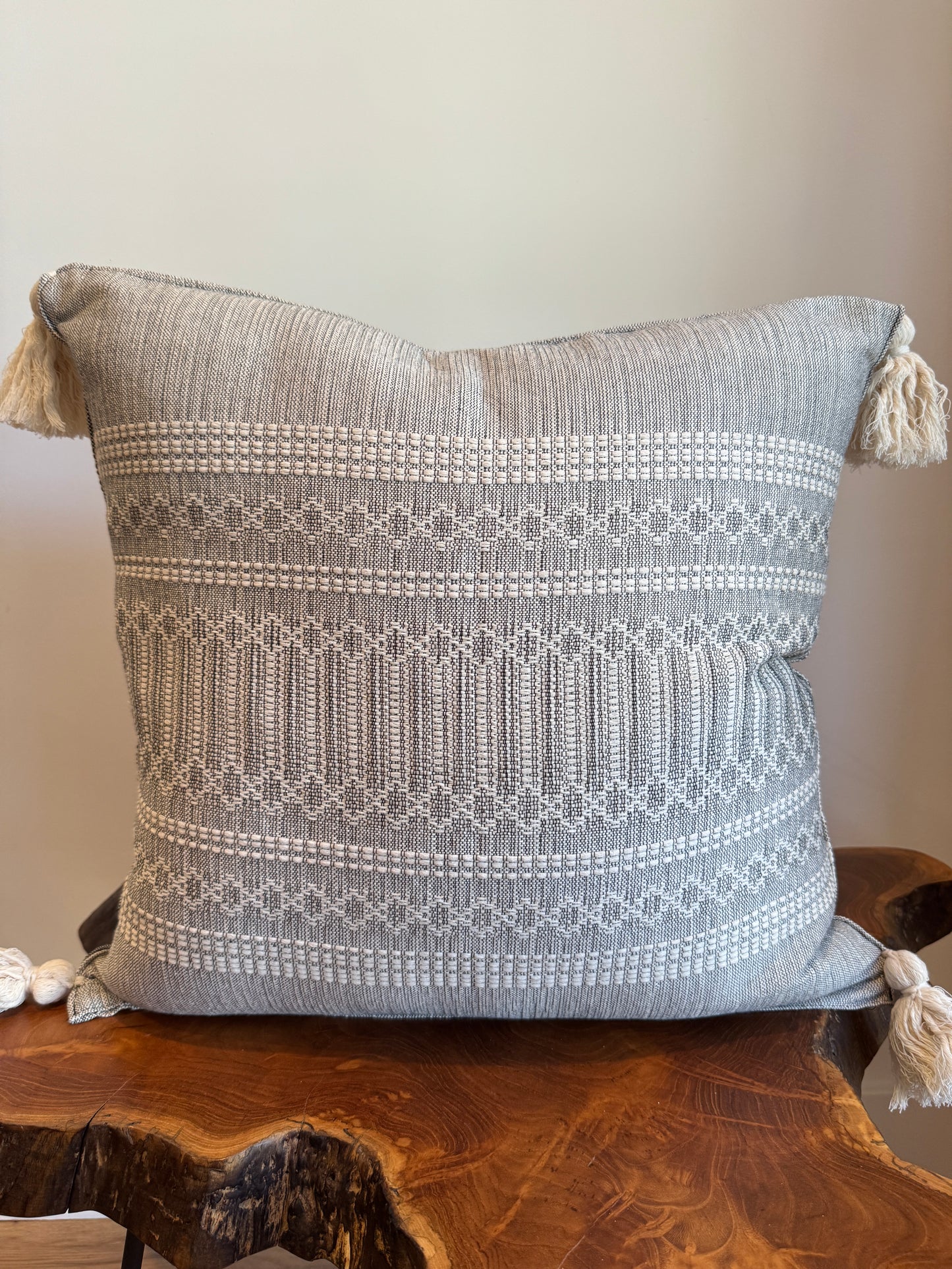 Handwoven Mexican Pillow Cover with Tassles | Silver, Ivory