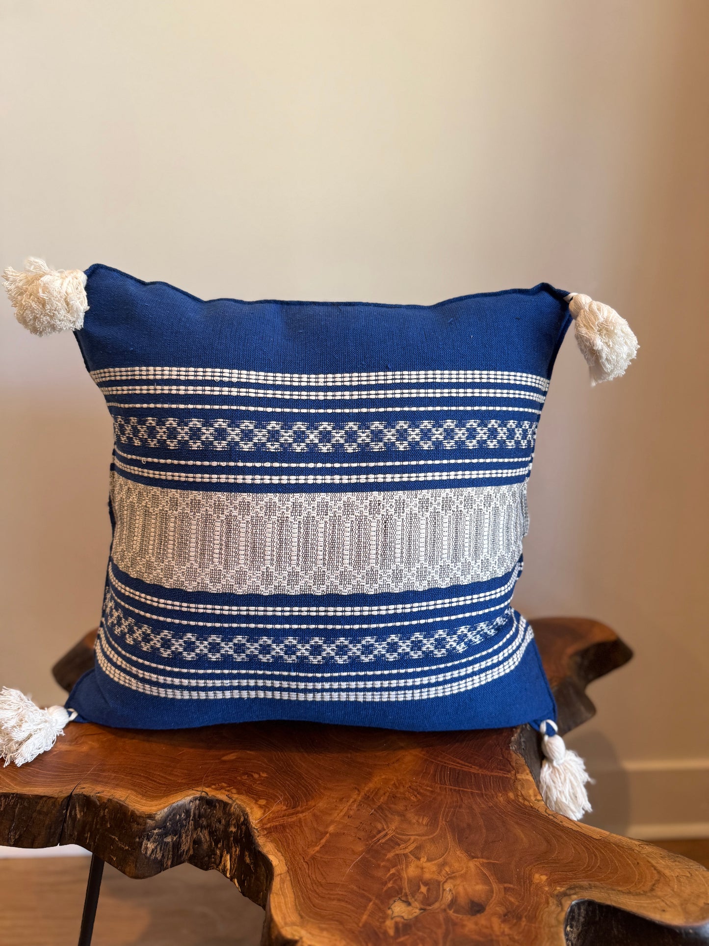 Handwoven Mexican Pillow Cover with Tassles | Blue, Silver, Ivory