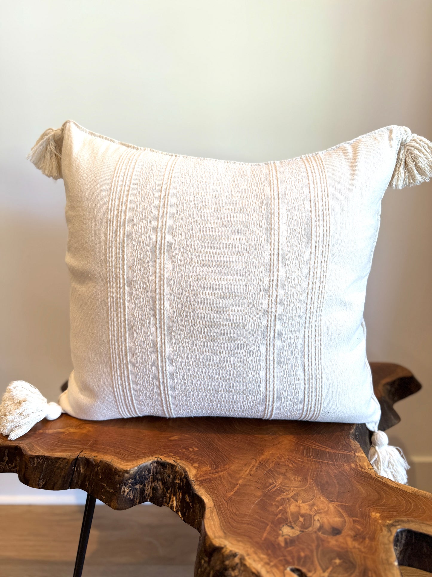 Handwoven Mexican Pillow Cover with Tassles | Ivory