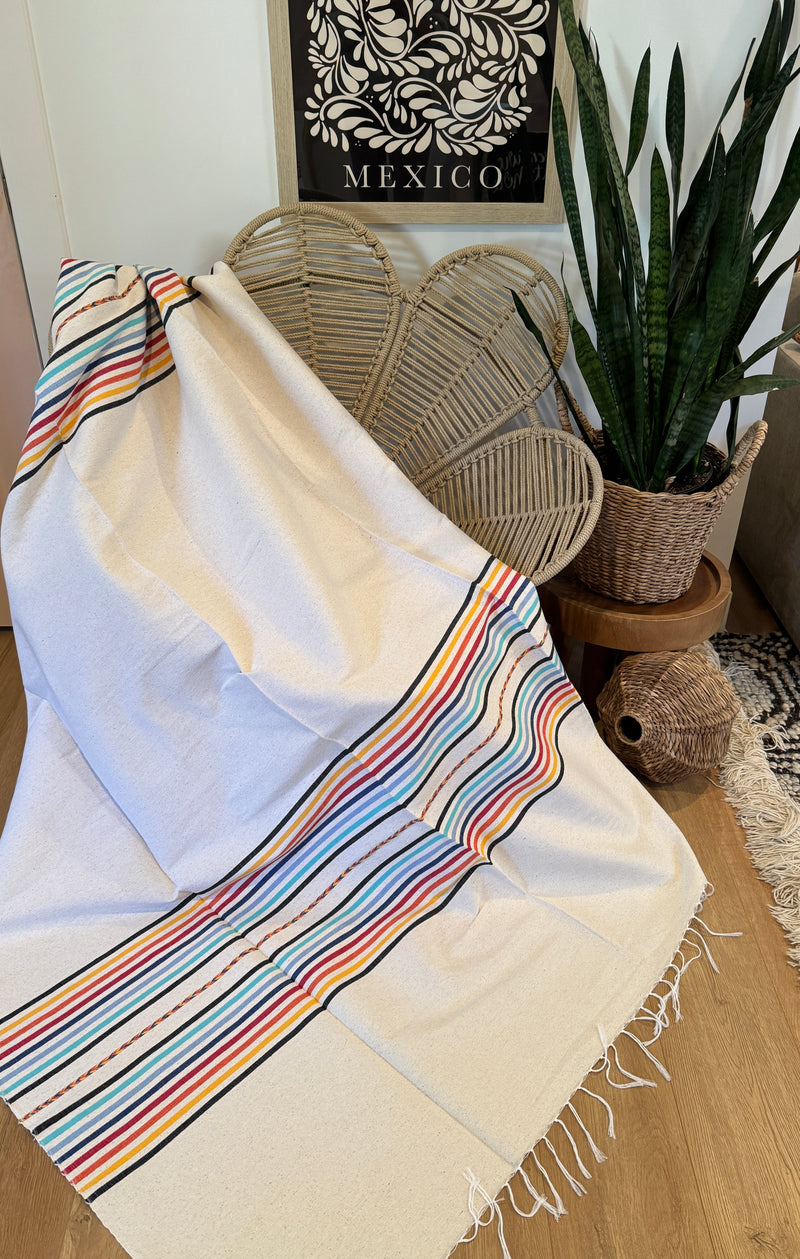 Handwoven Mexican Cotton Throw | Two-Row Rainbow