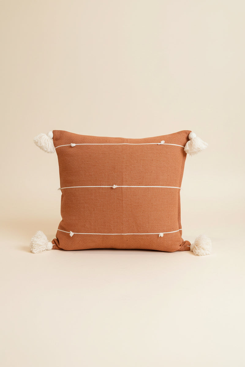 Handwoven Cotton Pillow Cover with Tassels | Terracotta & Ivory