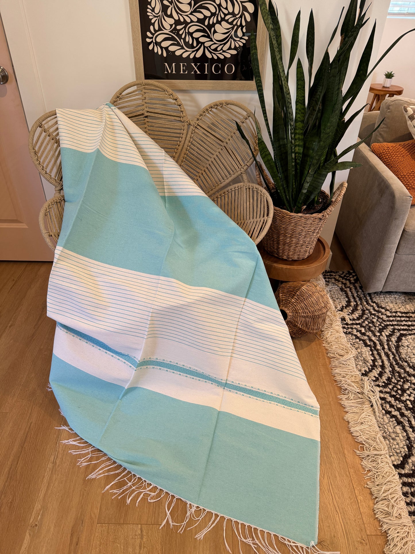 Handwoven Mexican Throw Blanket | Pale Turquoise