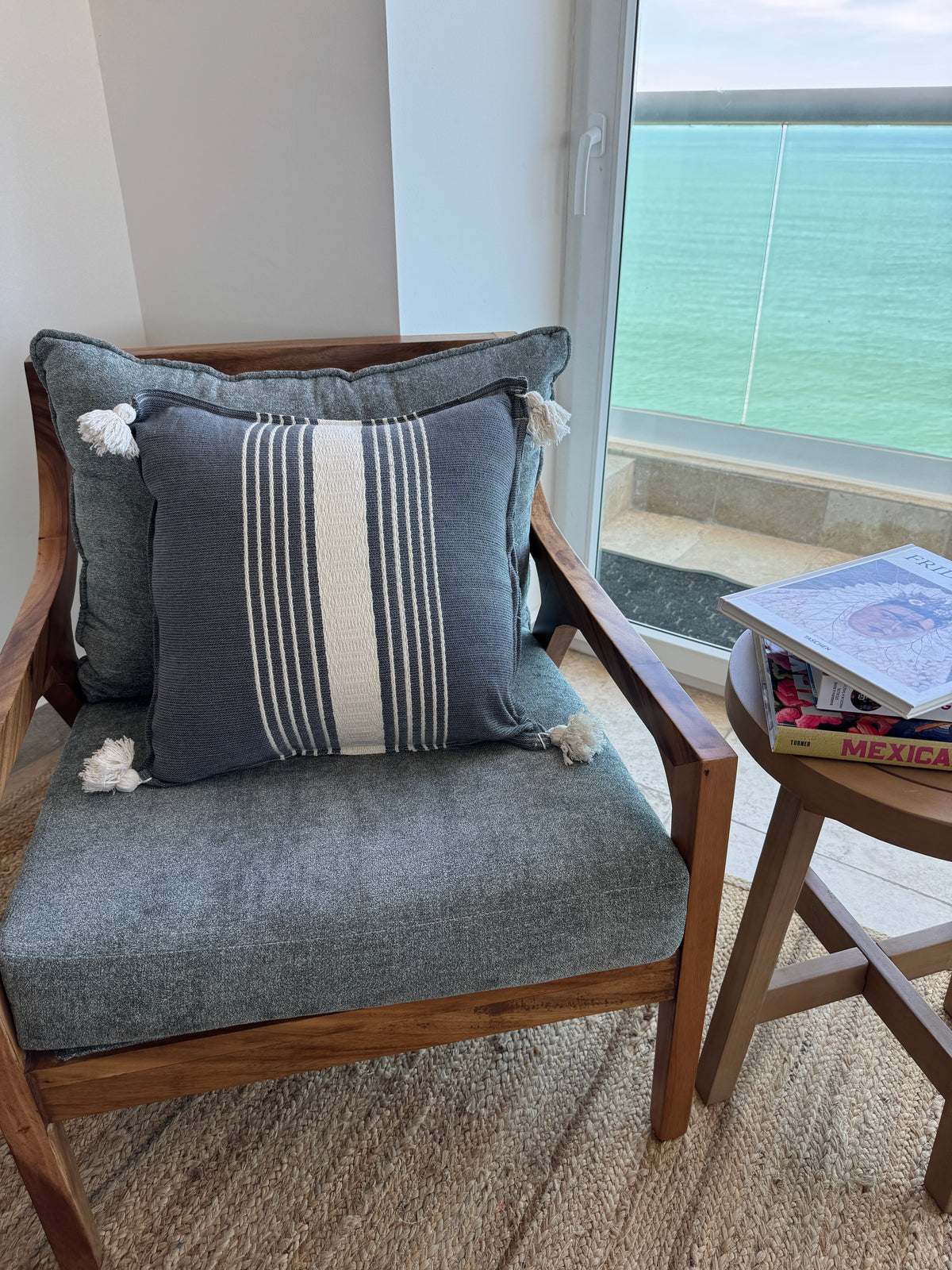 Handwoven Cotton Pillow Cover with Tassels | Grey & Ivory