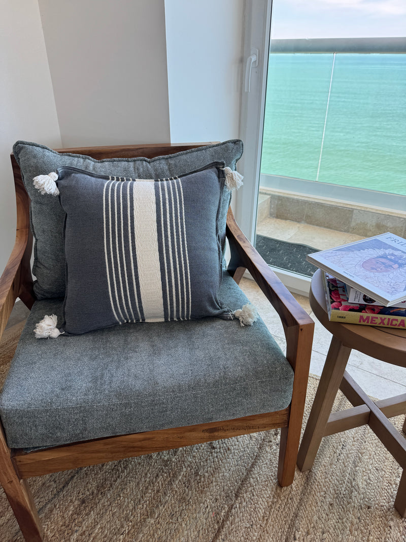Handwoven Cotton Pillow Cover with Tassels | Grey & Ivory