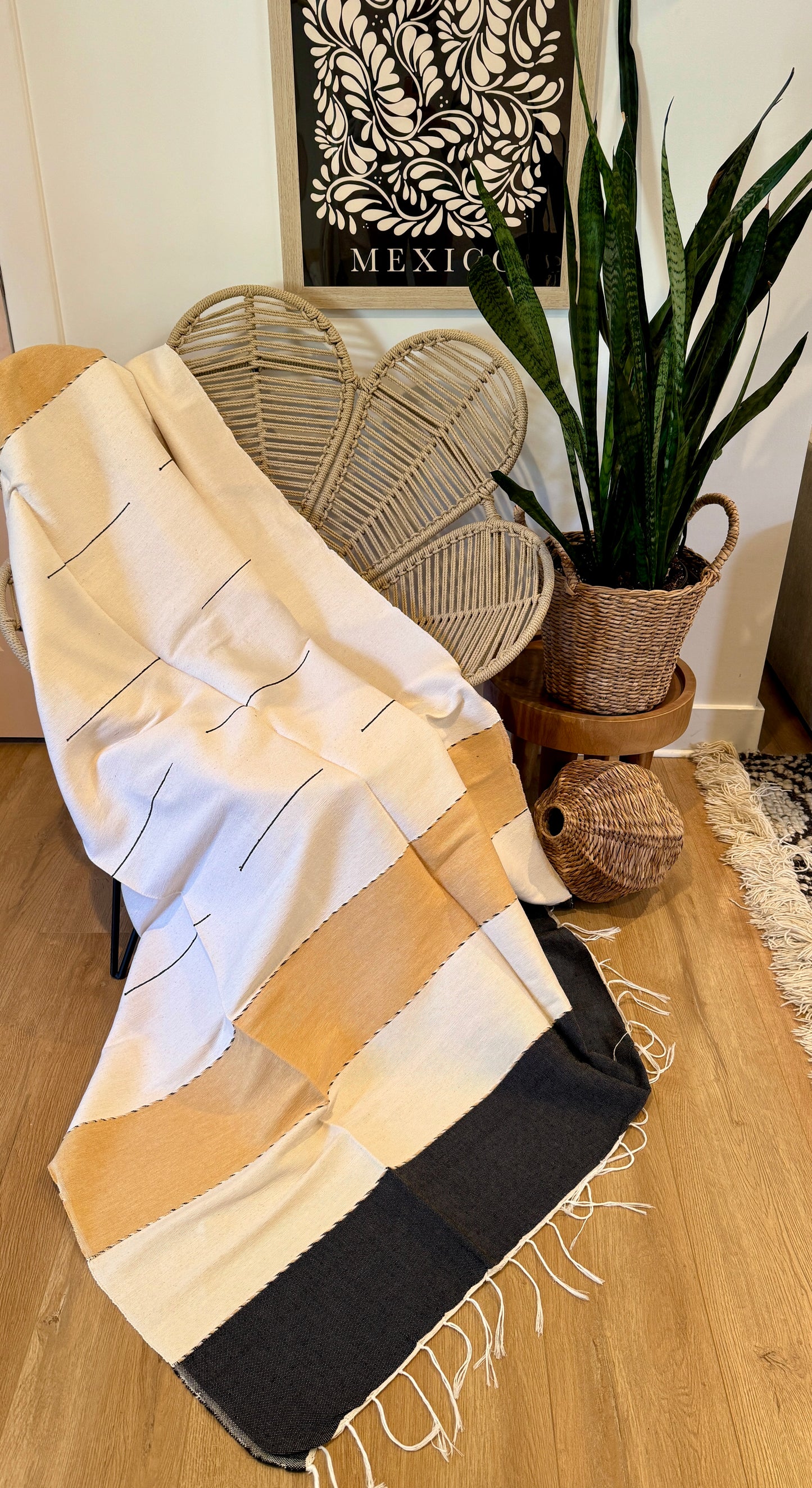 Handwoven Mexican Throw Blanket | Pale Yellow, Black