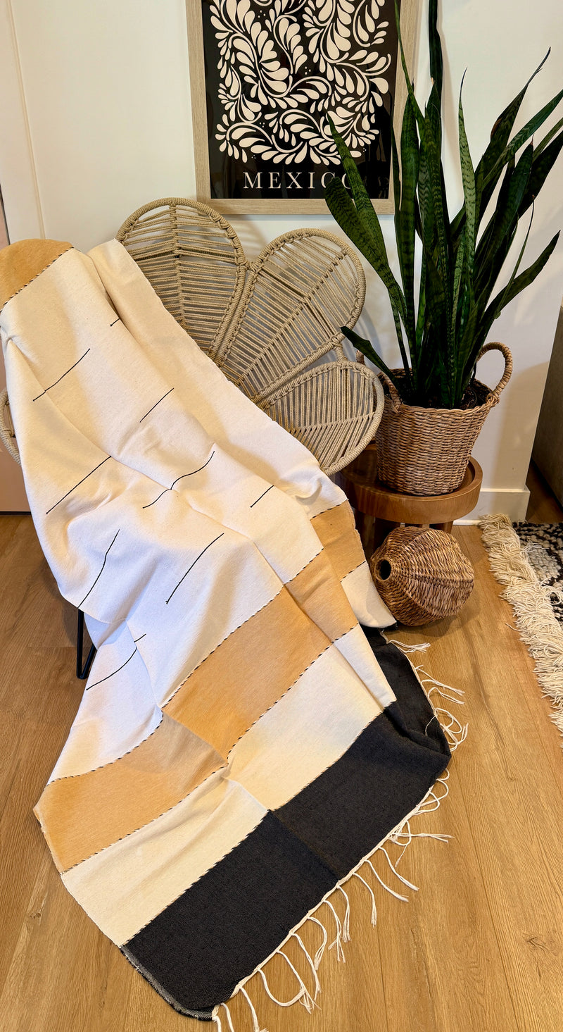 Handwoven Mexican Cotton Throw | Pale Yellow & Black