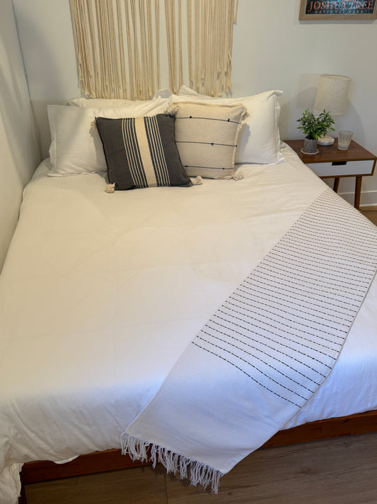 Maria Handwoven Mexican Throw Blanket | White/Black Stitching