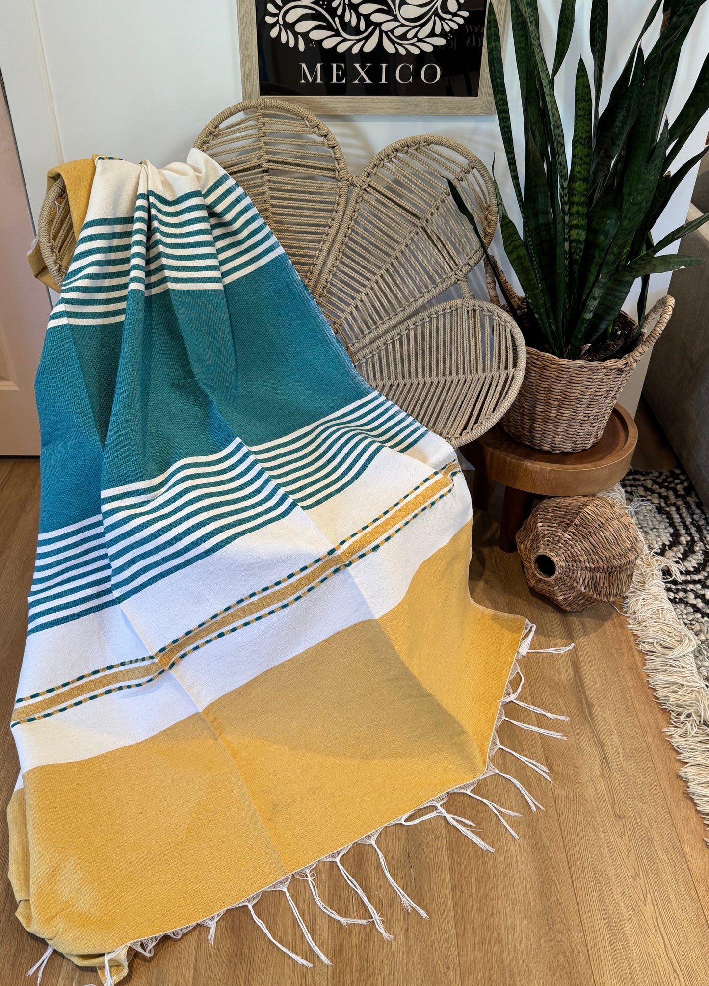Handwoven Mexican Throw Blanket | Pale Yellow/Teal