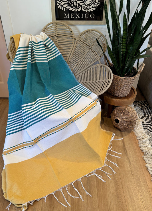 Julia Handwoven Mexican Throw Blanket | Pale Yellow/Teal