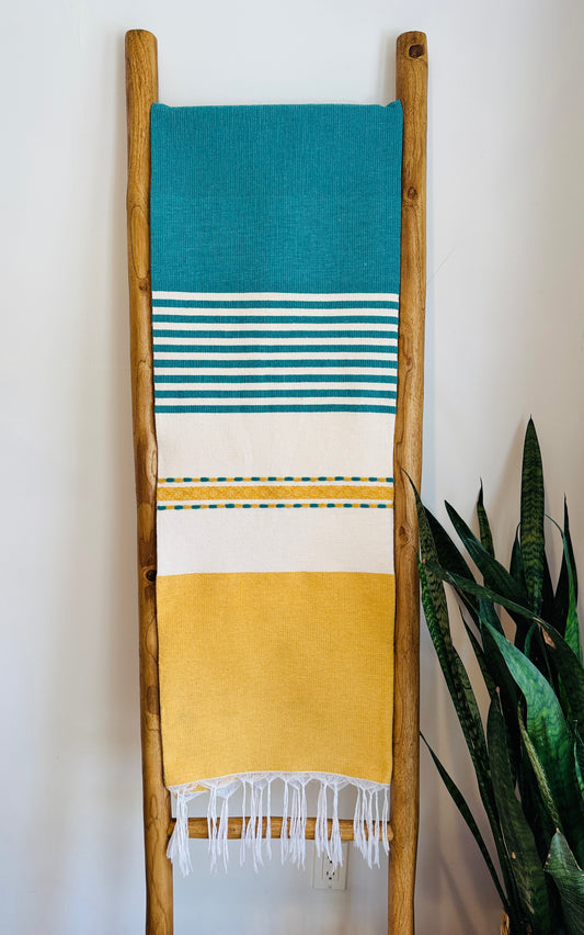 Julia Handwoven Mexican Throw Blanket | Pale Yellow/Teal