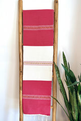 A red and white striped handwoven Mexican throw blanket draped over a wooden ladder, with a green plant in the background.