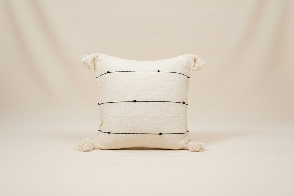 Handwoven Cotton Pillow Cover with Tassels | Ivory & Black