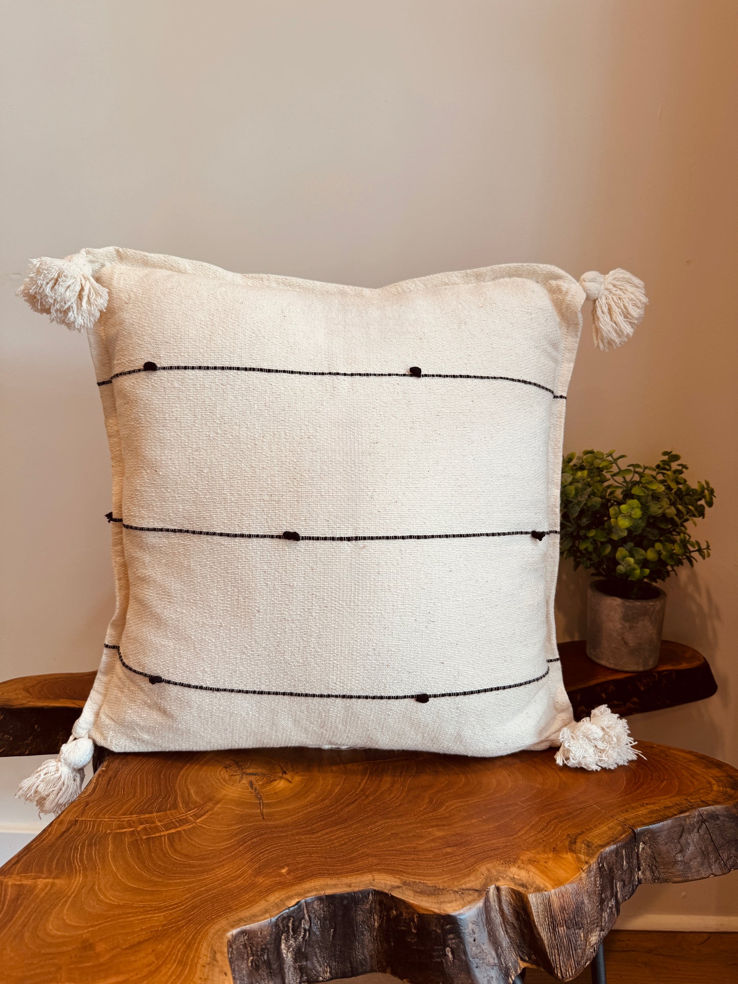 Handwoven Mexican Pillow Cover with Tassels | Ivory, Black
