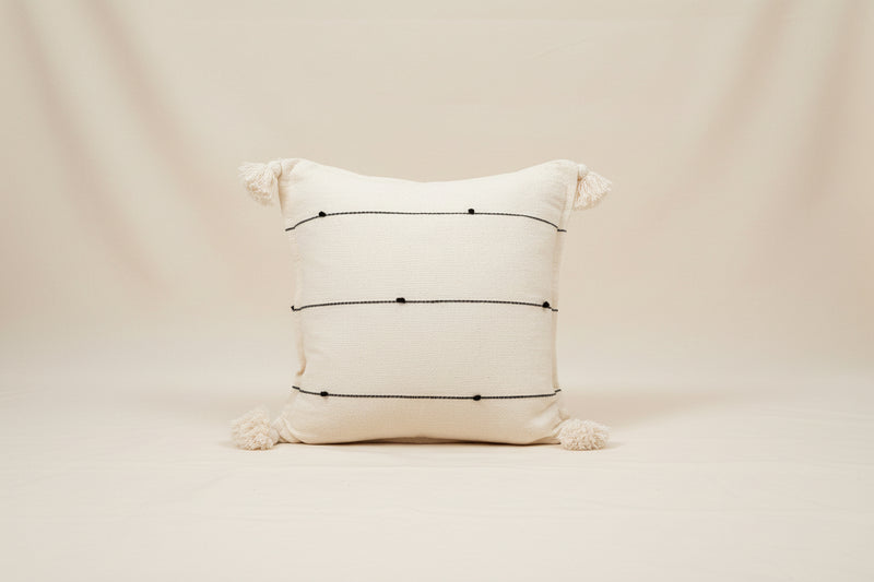 Handwoven Cotton Pillow Cover with Tassels | Ivory & Black