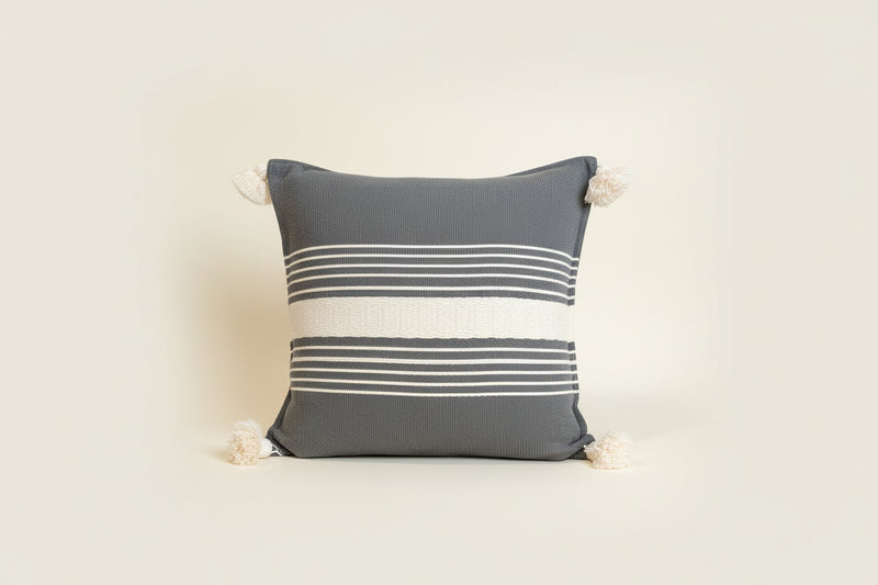 Handwoven Cotton Pillow Cover with Tassels | Grey & Ivory