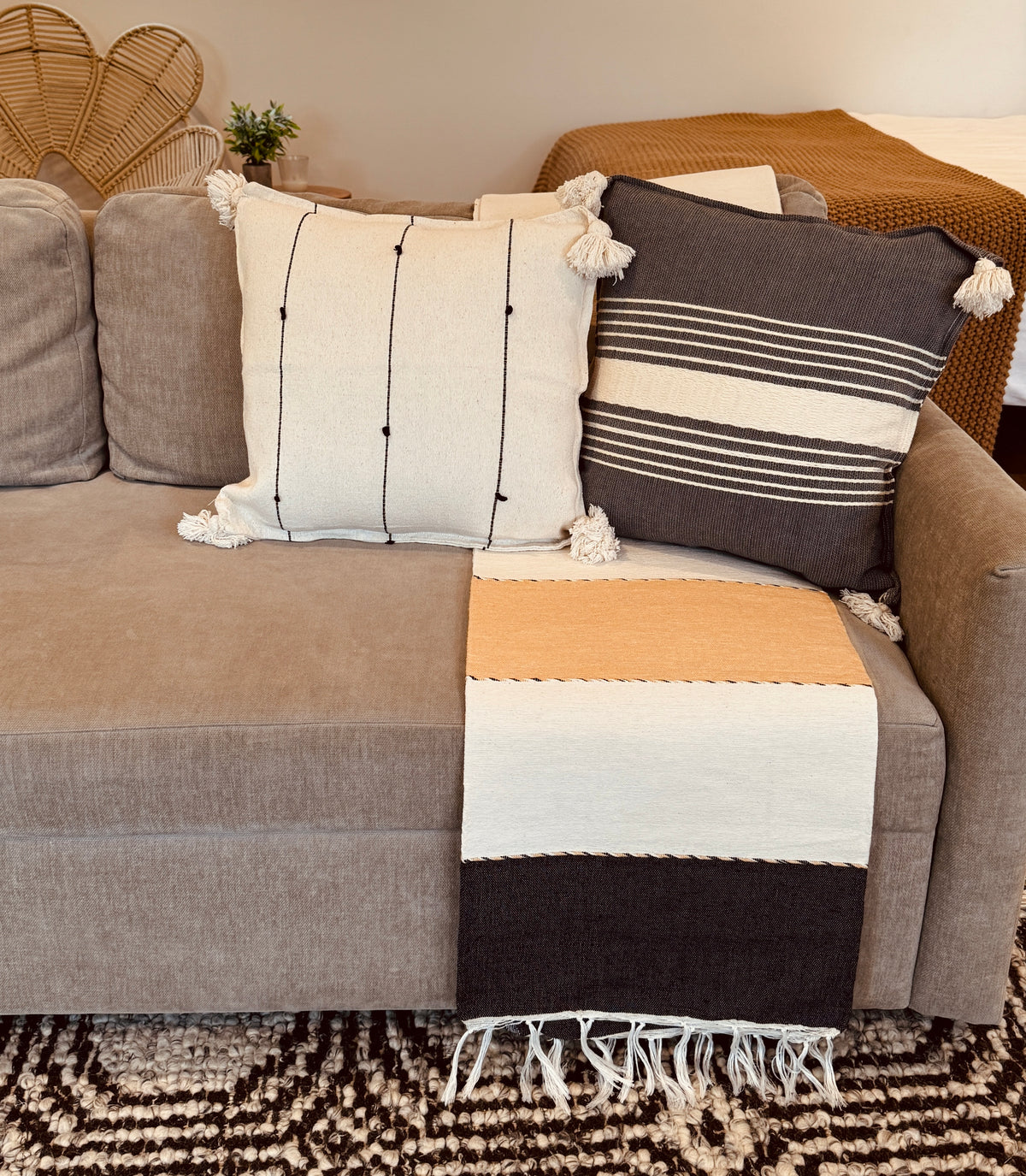 Handwoven Cotton Pillow Cover with Tassels | Grey & Ivory