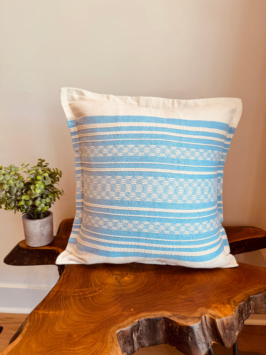 Handwoven Mexican Pillow Cover | Ivory, Baby Blue
