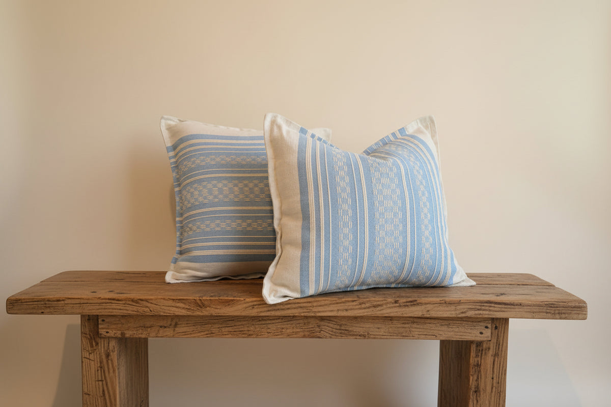 Handwoven Cotton Pillow Cover | Ivory & Baby Blue