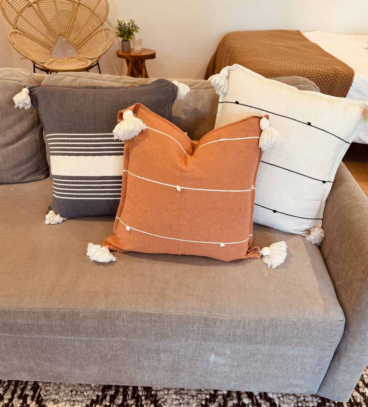 Handwoven Cotton Pillow Cover with Tassels | Grey & Ivory