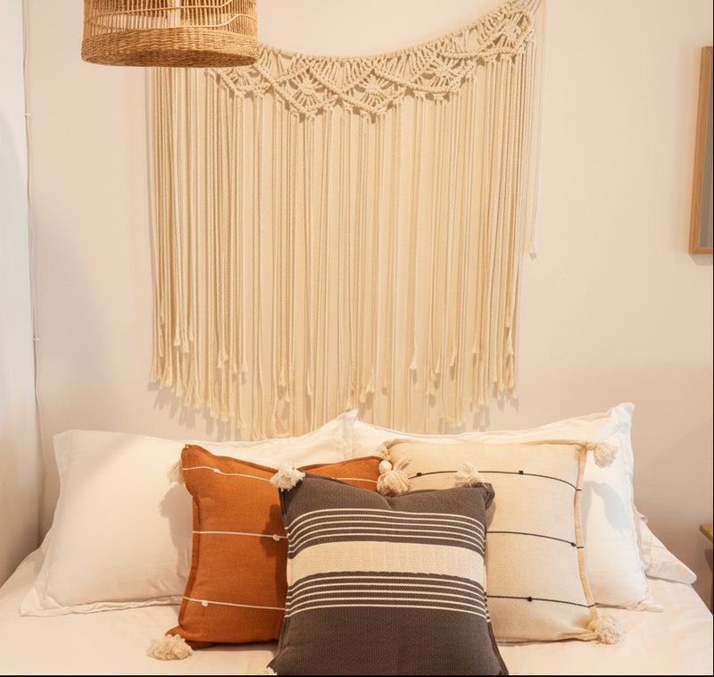 Handwoven Cotton Pillow Cover with Tassels | Terracotta & Ivory