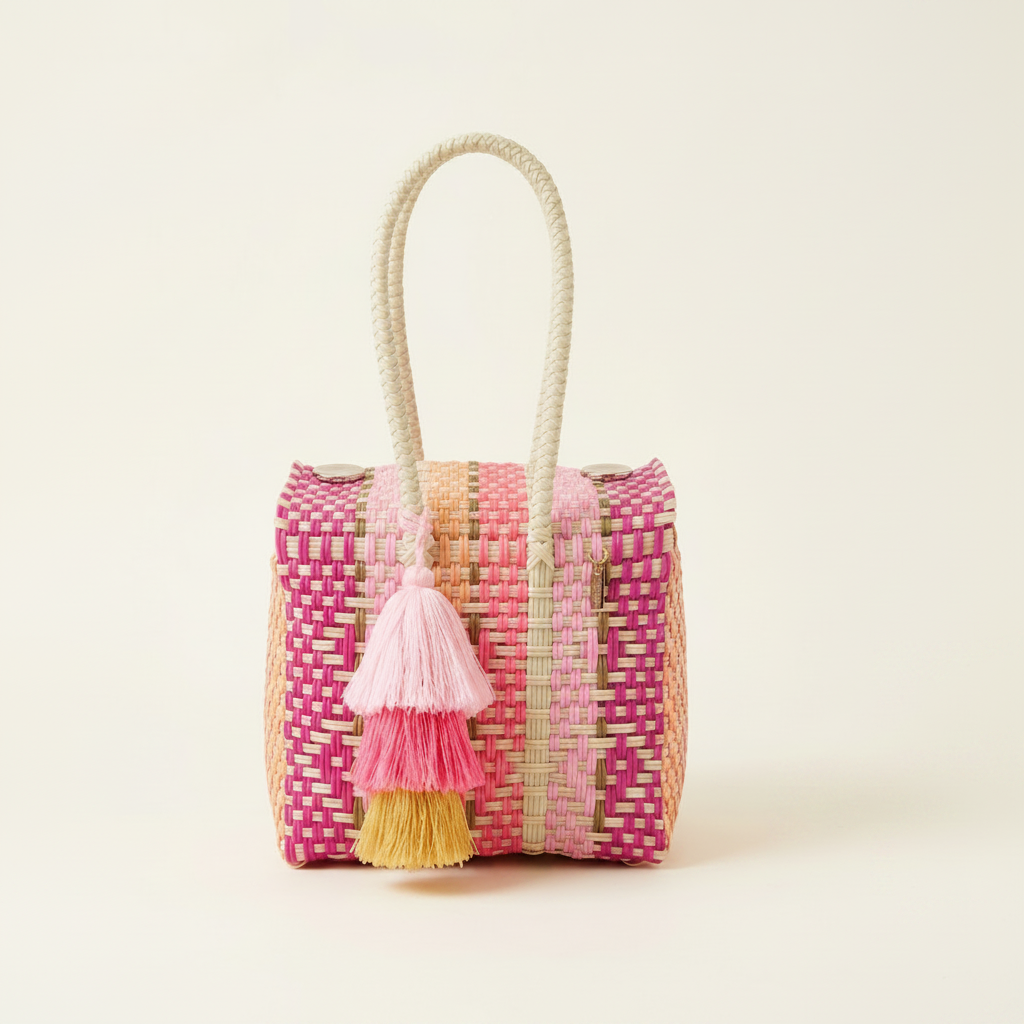 A small woven tote bag with a pink and beige geometric pattern, featuring thick cream rope handles and a decorative tassel charm in pink, coral, and yellow, set against a solid off-white background.