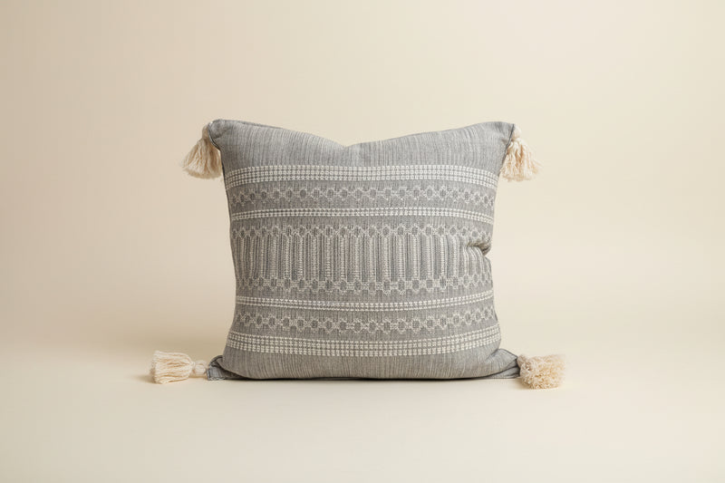 Handwoven Cotton Pillow Cover with Tassels | Silver & Ivory