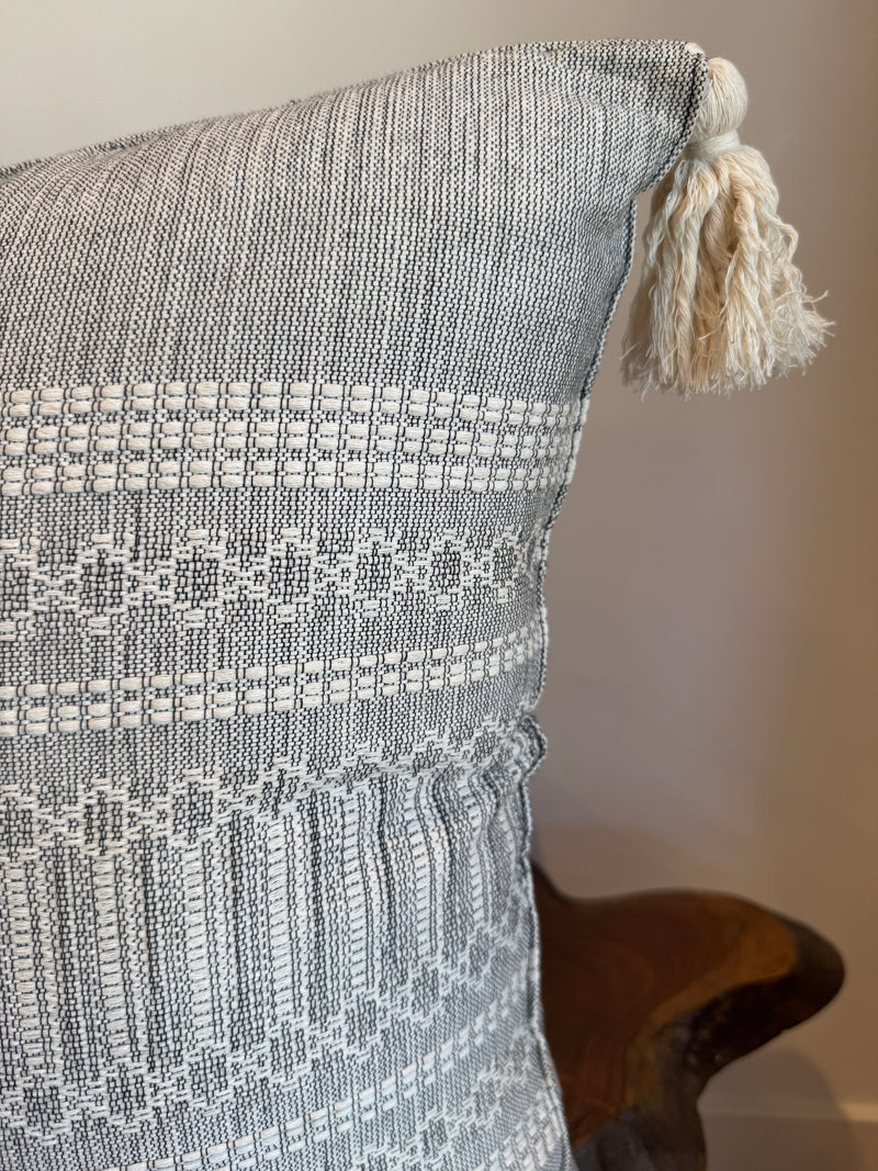 Handwoven Cotton Pillow Cover with Tassels | Silver & Ivory