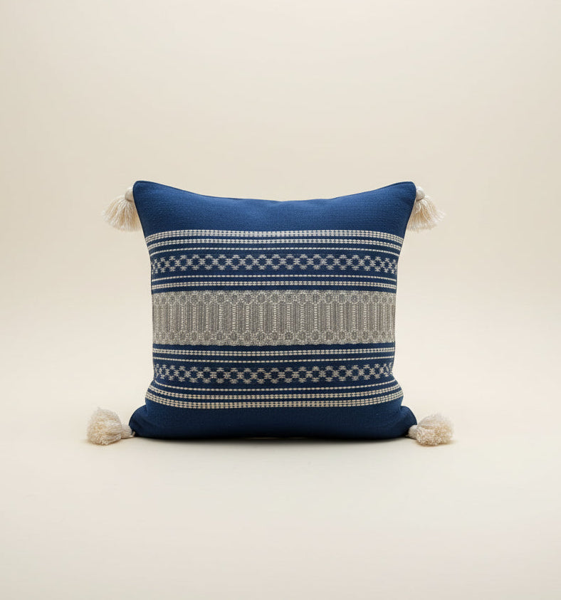Handwoven Cotton Pillow Cover with Tassels | Blue, Silver & Ivory