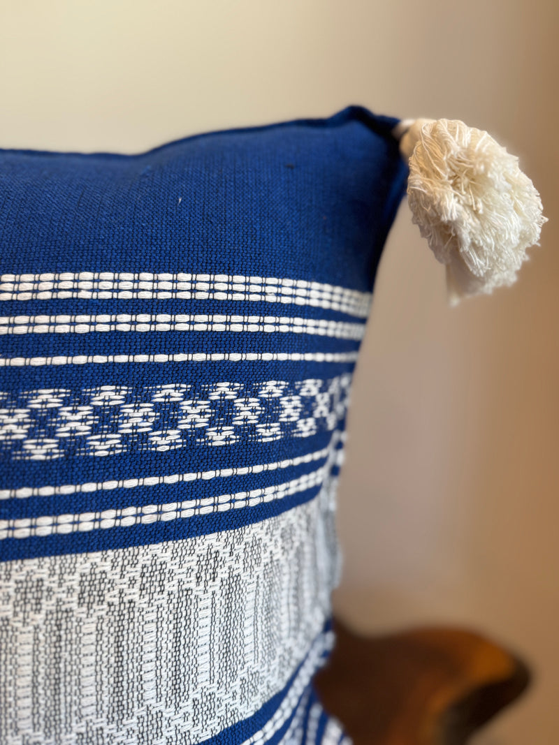 Handwoven Cotton Pillow Cover with Tassels | Blue, Silver & Ivory