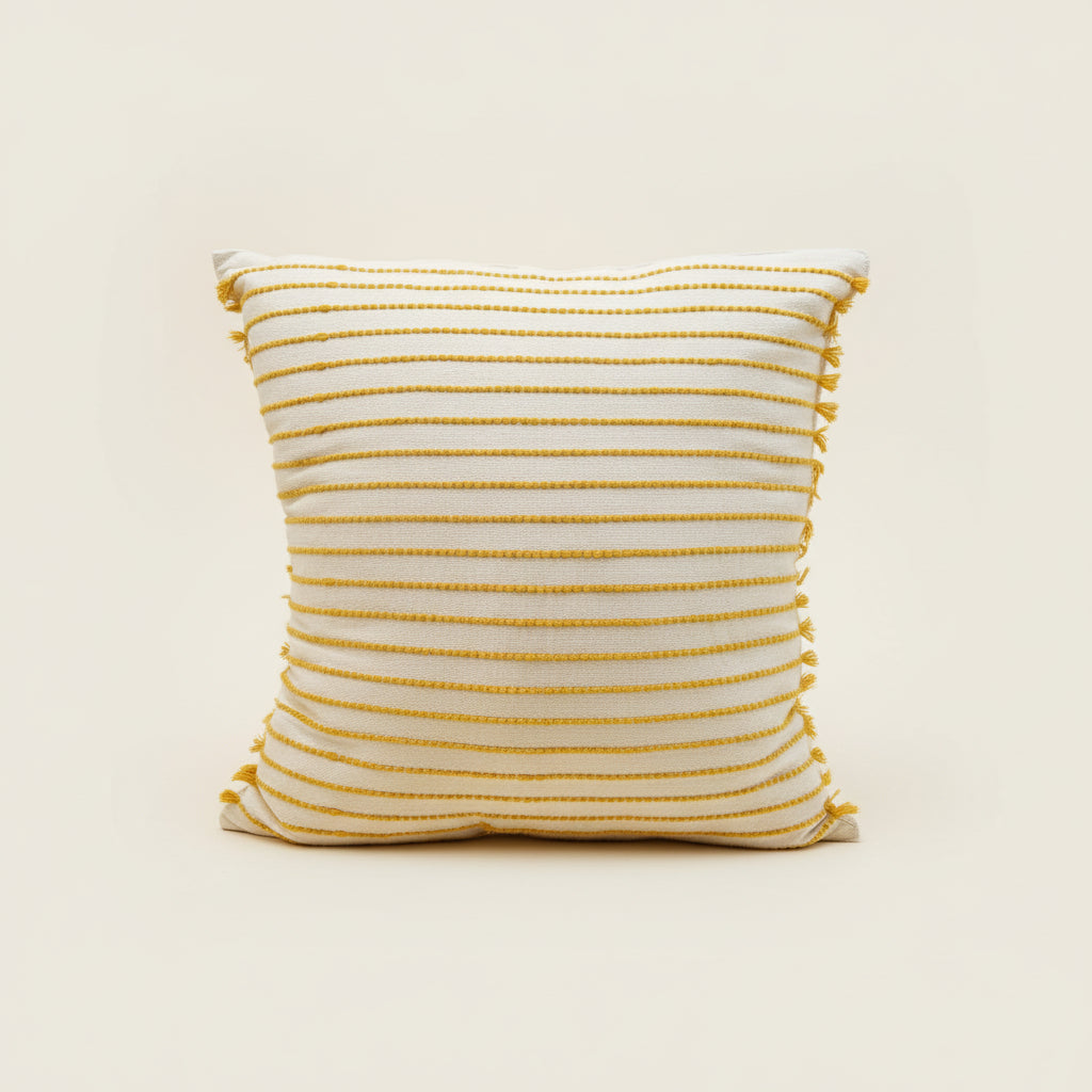 Handwoven Cotton Pillow Cover with Fringe | Ivory & Yellow
