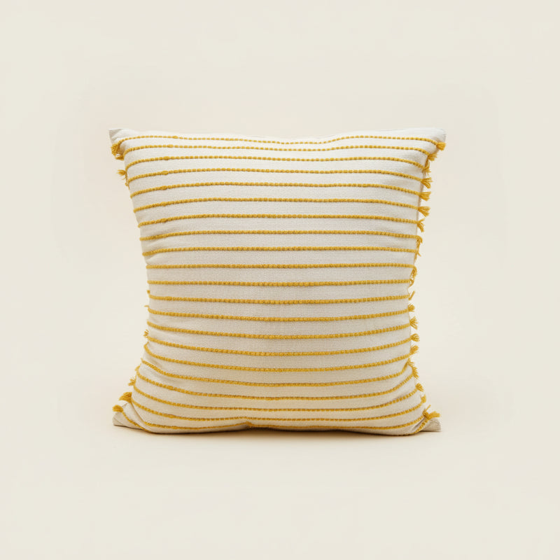 Handwoven Cotton Pillow Cover with Fringe | Ivory & Yellow