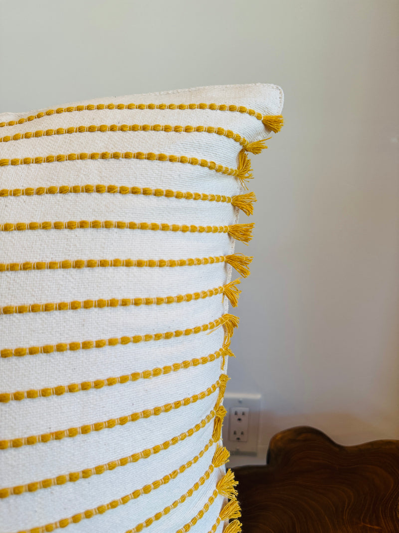Handwoven Cotton Pillow Cover with Fringe | Ivory & Yellow