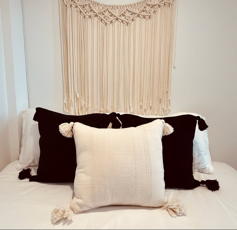 Handwoven Cotton Pillow Cover with Tassels | Ivory