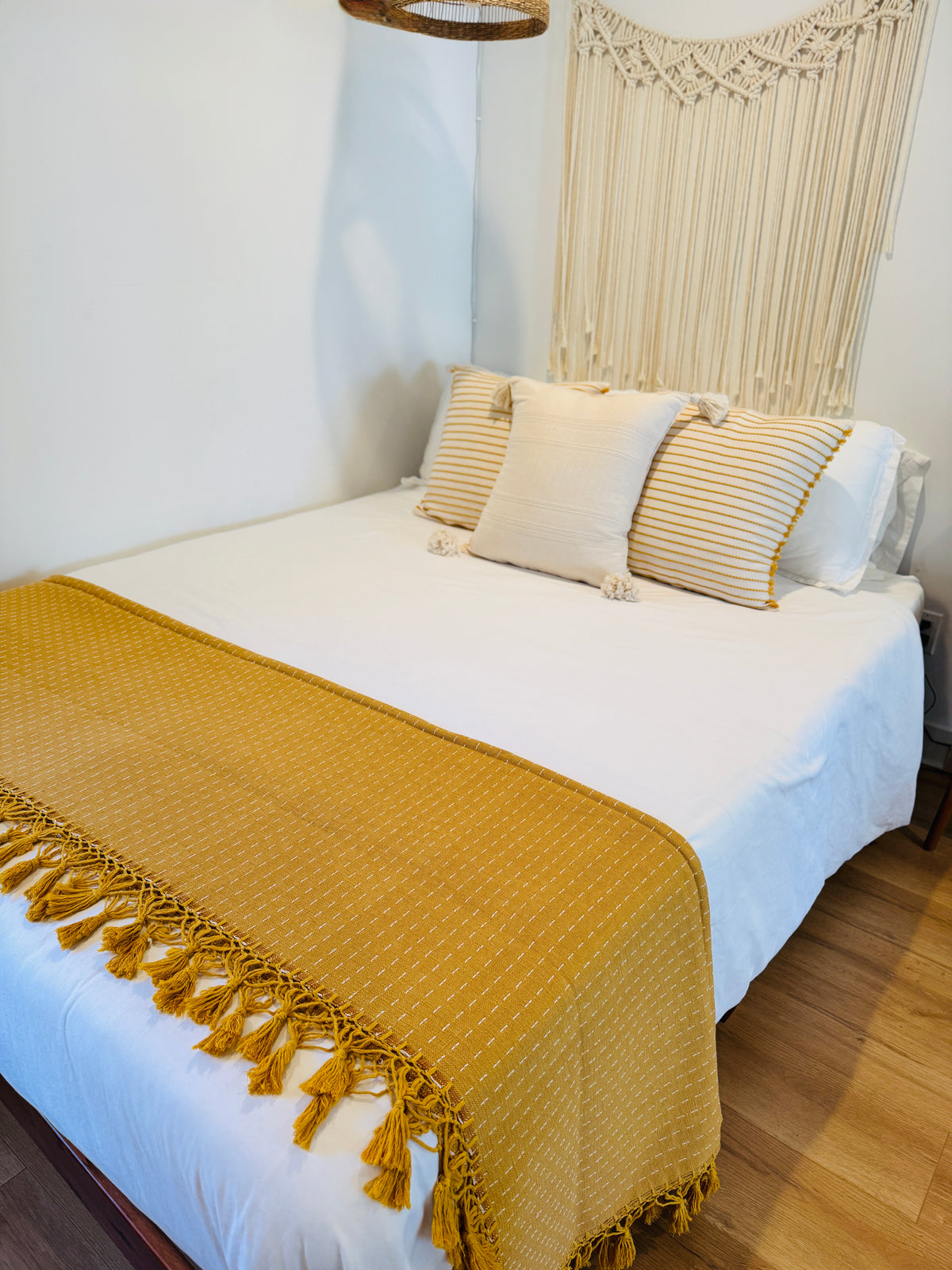 Handwoven Cotton Pillow Cover with Fringe | Ivory & Yellow